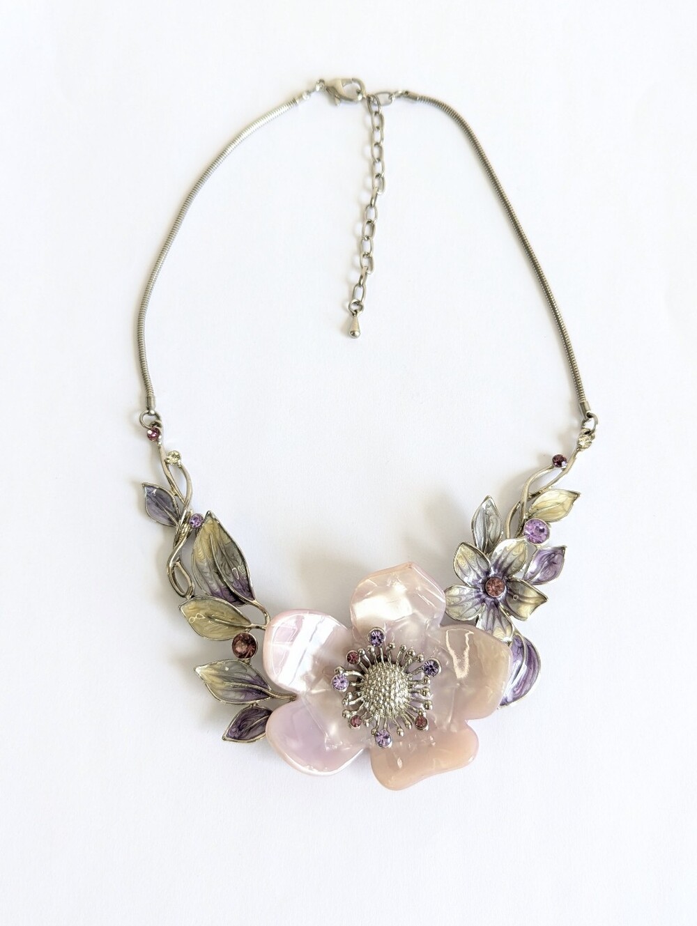 Pink Acrylic Flower Statement Necklace Enamel Floral Rhinestone Silver Tone Bib - Picture 2 of 7